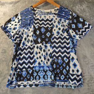 Alfred Dunner Womens Top PL Petite Blue Black Geometric‎ Abstract Print Stretch